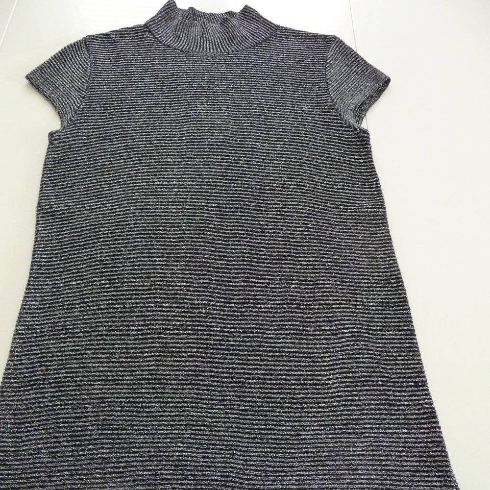 ITALIAN TRENDY silk blend black metallic high neck cap sleeves blouse /tunic M